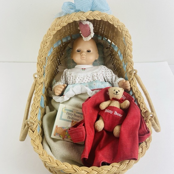 American Girl Other - American Girl Bitty Baby and Lullaby Moses Basket Bitty Bear Carrier Gray Eyes